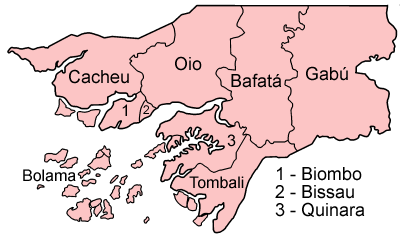 A clickable map of Guinea-Bissau exhibiting its eight regions and one autonomous sector.
