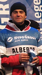 Alberto Tomba in hat and ski clothes