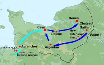 A map of Normandy, showing Philip's invasion with a sequence of blue arrows, and the Breton advance from the west shown in light blue.
