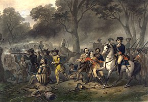 Washington on horseback in the middle of a battle scene with other soldiers