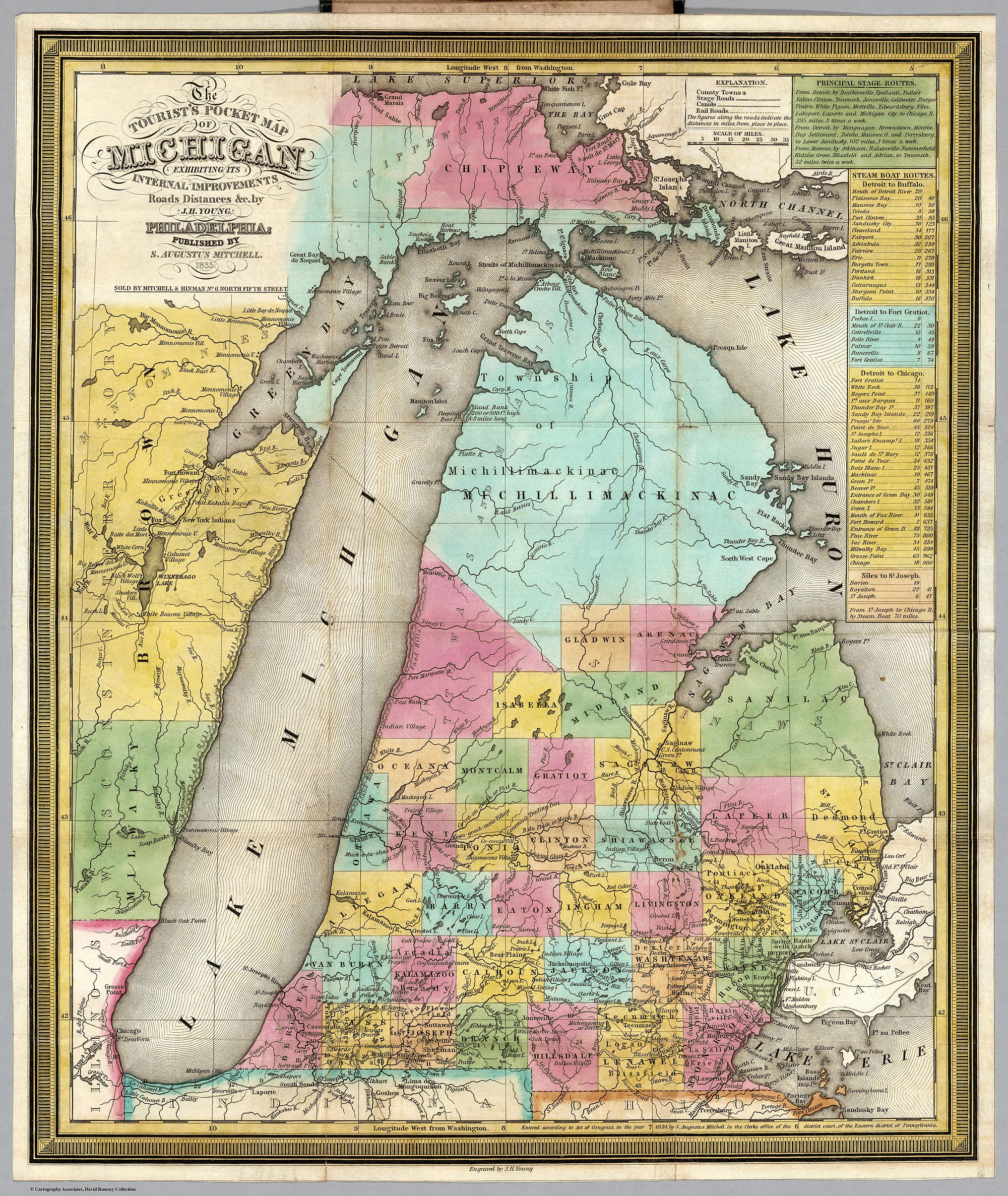 Green Bay and Lake Winnebago on the 1835 Tourist's Pocket Map of Michigan, among the "Mennomonie" villages of Wisconsin Territory