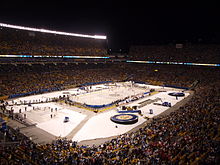 Photograph of the Pittsburgh Penguins and Washington Capitals on the ice before the 2011 NHL Winter Classic in Pittsburgh at Heinz Field