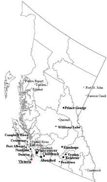 Outline map of British Columbia with significant cities and towns.