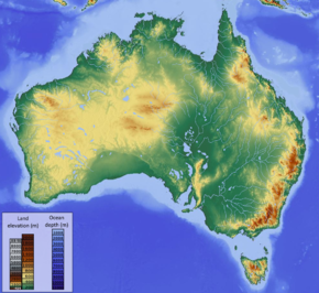 Map showing the topography of Australia, showing some elevation in the west and very high elevation in mountains in the southeast