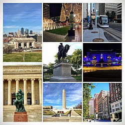 จากบนซ้าย: Downtown Kansas City จาก Liberty Memorial, Crown Center ในวันคริสต์มาส, KC Streetcar, Washington Square Park, Union Station สว่างเป็นสีฟ้าสำหรับ World Series, The Thinker ที่พิพิธภัณฑ์ศิลปะ Nelson-Atkins, Liberty Memorial และบริเวณห้องสมุด ของ Downtown.
