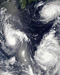 Satellite image of three simultaneous tropical cyclones