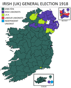 The results of the 1918 Irish general election, in which Sinn Féin and the Irish Parliamentary Party won the majority of votes on the island of Ireland, shown in the color green and light green respectively, with the exception being primarily in the East of the province of Ulster.