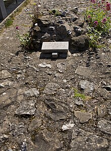 Rocky ground with a small stone marker.