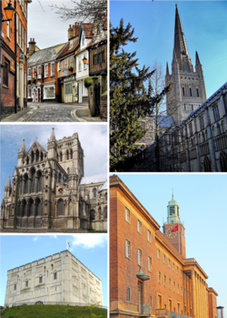 ตามเข็มนาฬิกาจากบนซ้าย: Princes Street, Norwich Cathedral, Norwich City Hall, Norwich Castle, St John the Baptist Cathedral