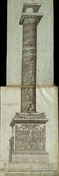 Side view of the Column of Arcadius, with carved reliefs of scenes and figures on the pedestal, on the socle and spiralling up the column shaft, capped by a capital and a statue's empty plinth. A door at ground level giving access to the spiral staircase within is visible.