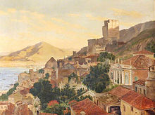 Painting depicting a north-facing view across the red-tiled roofs of Gibraltar, with the Moorish Castle prominent in the background