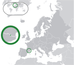 Ubicación de Andorra (centro del círculo verde) en Europa (gris oscuro) - [Leyenda]