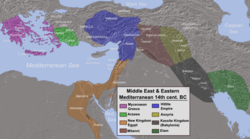 Map of the Ancient Near East during the Amarna Period (14th century BC), showing the great powers of the day: Egypt (orange), Hatti (blue), the Kassite kingdom of Babylon (black), Assyria (yellow), and Mitanni (brown). The extent of the Achaean/Mycenaean civilization is shown in purple.