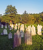A cemetery; grave stones in the foreground in staggered, irregular rows; behind them grass covered mounds of dead; an American flag in the background along a tree line.