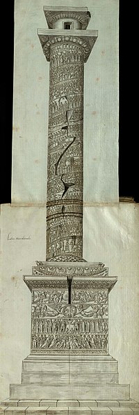 Side view of the Column of Arcadius, with carved reliefs of scenes and figures on the pedestal, on the socle and spiralling up the column shaft, capped by a capital and a statue's empty plinth. A door is visible in the top-most section.
