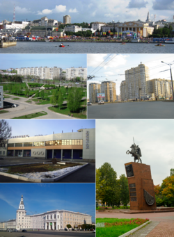 De gauche à droite, de haut en bas: une vue de la Place Rouge depuis la baie de Cheboksary le jour de la République de Chuvash; Place de l'hôpital, rue Universitetskaya; Aéroport de Cheboksary, Monument Chapayev sur la place Chapayev; Académie agricole de l'État de Chuvash