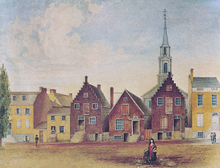 A watercolor painting of brown and yellow row houses in front of a dirt road, two of which have classic Dutch stepped gables; a white church spire is seen in the background.