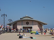 A comfort station on the boardwalk, which contains restrooms