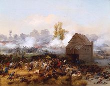 Painting by Alonzo Chappel, 1858, showing the frantic battle scene of the Battle of Long Island, with smoke in the background