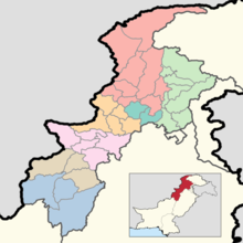 A map of the districts of Khyber Pakhtunkhwa. Colors correspond to divisions.