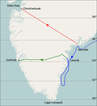 Map of Southern Greenland with traced lines that signify expedition routes