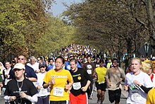 A large crowd runners in brightly colored shirts race down a wide street bordered by autumnal trees.
