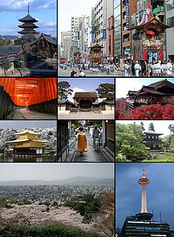 左上から：東寺、現代京都の祇園まつり、伏見稲荷大社、京都御所、清水寺、金閣寺、ポントチョウと舞子、銀閣寺、東山と京都タワーの街並み