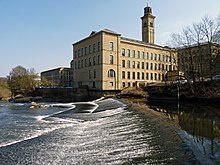 A large mill above a weir on a wide river