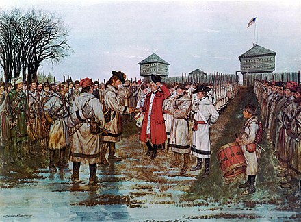 At left center, Virginia militia Colonel George Rogers Clark with buckskinned uniformed militia lined up behind him; at right center, red-coated British Quebec Governor Hamilton surrendering with ranks of white-uniformed Tory militia behind receding into the background; a drummer boy in the foreground; a line of British Indian allies lined up on the right receding into the background.