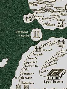 Portion of a Roman map showing the Pillars of Hercules (traditionally but erroneously) as an island, with the coasts of Spain and Africa above and below