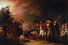 Painting of a battle scene at night, with a group of British officers standing on the right-hand side looking and gesturing towards a group of British and Spanish soldiers fighting on the left side of the picture