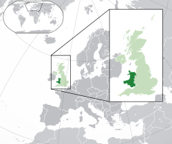 Ubicación de Gales (verde oscuro) - en Europa (verde y gris oscuro) - en el Reino Unido (verde)