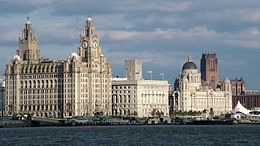 The Three Graces, three grand early twentieth century office buildings, on the bank of the River Mersey