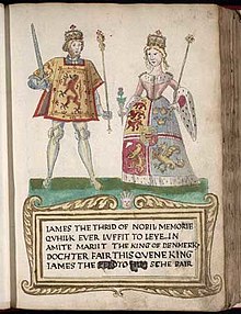 A picture on a page in an old book. A man at left wears tights and a tunic with a lion rampant design and holds a sword and sceptre. A woman at right wears a dress with a heraldic design bordered with ermine and carries a thistle in one hand and a sceptre in the other. They stand on a green surface over a legend in Scots that begins "James the Thrid of Nobil Memorie..." (sic) and notes that he "marrit the King of Denmark's dochter."