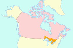 แผนที่ของแคนาดาตอนบน (สีส้ม) ที่มีแคนาดาในศตวรรษที่ 21 (สีชมพู) ล้อมรอบ