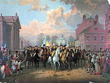 A New York City street scene with a mounted George Washington riding at the head of a parade.