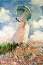 painting by Claude Monet of woman with parasol facing left in field from the Musée d'Orsay