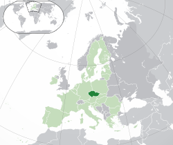 चेक गणराज्य का स्थान (गहरा हरा) - यूरोप में (हरा और गहरा भूरा) - यूरोपीय संघ (हरा) में - [किंवदंती]
