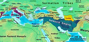 A map centered on the Mediterranean and Middle East showing the extent of the Roman Republic (Purple), Selucid Empire (Blue), and Parthia (Yellow) around 200 BCE.