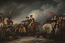 Painting showing Washington on horseback, accepting the surrender of Hessian troops after the Battle at Trenton