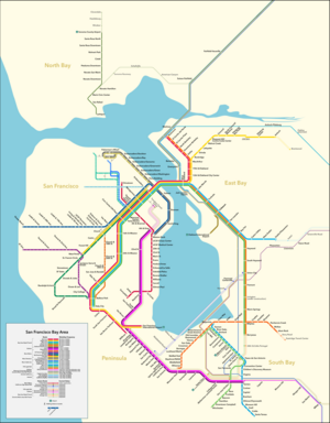 A transit map with lines depicting routes operated by various public rail agencies in the Bay Area.