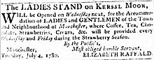 Advert that reads "The Ladies Stand on Kersal Moor will be opened on Wednesday next week, dated 4 July 1780"