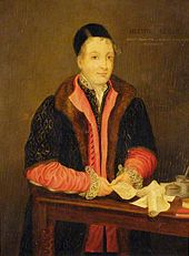 A coloured painting showing a man in a cap and black gown over red clothes with writing materials on a table in front of him