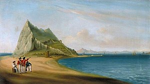 Painting of a panoramic view from the Spanish lines, showing four men, two in British Army uniform, looking across a sandy isthmus towards the Rock of Gibraltar with the bay and the African coast visible in the background