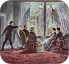 Painting of Lincoln being shot by Booth while sitting in a theater booth.