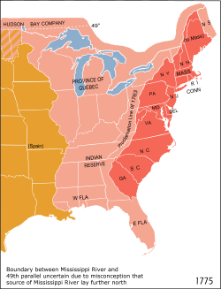 อาณานิคมทั้งสิบสาม (แสดงเป็นสีแดง) ในปี พ.ศ. 2318 โดยมีพรมแดนสมัยใหม่ซ้อนทับ