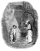 Scrooge being shown two small children, depicting Ignorance and Want, by the Ghost of Christmas Yet to Come