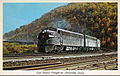 Postcard painting of Pennsy diesel freight train descending Horseshoe Curve