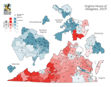 A map of Virginia showing the results of the 2019 Virginia House of Delegates election, with Republican districts in red and Democratic districts in blue, with heavier shading showing a larger margin of victory.