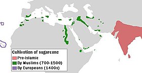 Map showing sugar cane India as the origin of the westward spread, followed by small areas in Africa, and then smaller areas on Atlantic Islands west of Africa